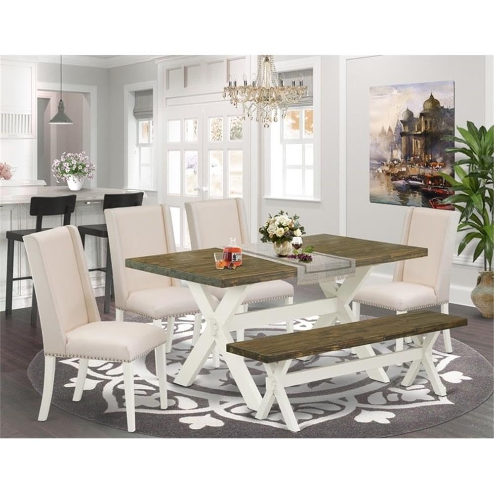 East West Furniture X076Fl201-6 6 Piece Dining Table Set Contains A Rectangle Dining Room Table With X-Legs And 4 Cream Linen Fabric Parson Chairs With A Bench, 36X60 Inch, Multi-Color